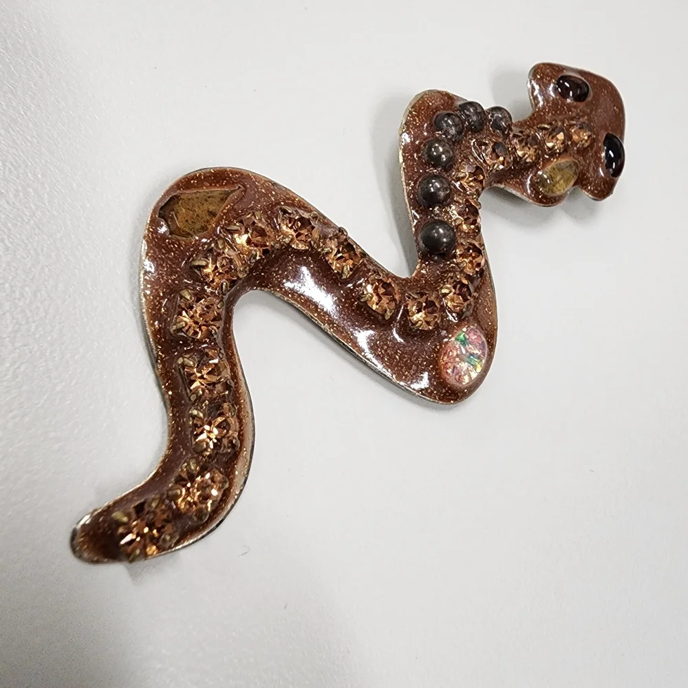 Brown Glitter Resin Snake Brooch Pin Embedded Rhinestone Statement Serpent